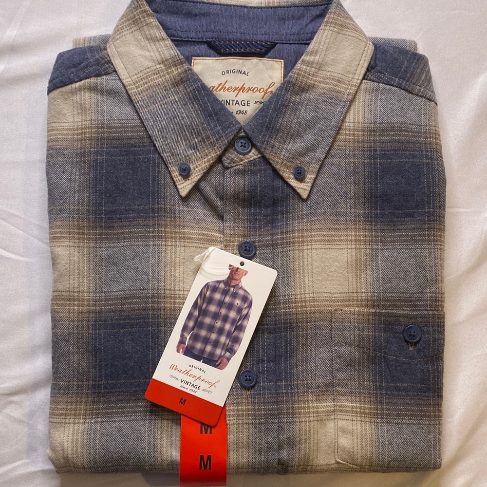 Original Weatherproof Vintage Men's Blue and Tan Plaid Shirt